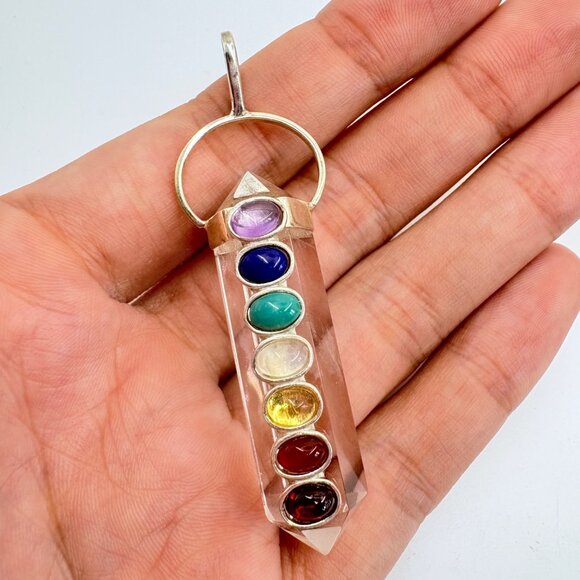 VTG Sterling Silver 925 Multi-Gemstone Crystal Pendant Size 2.75" Length - Picture 2 of 10